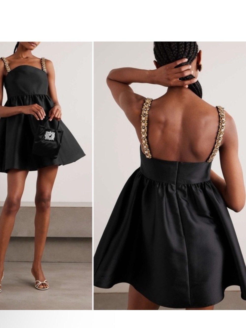 SELF PORTRAIT Black Satin Party Dress with Gold embellishment Straps